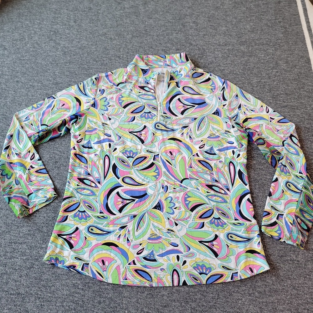 IBKUL 1/4 Zip Shirt Top Womens Large Floral All Over Mock Long Mesh Sleeve Sun